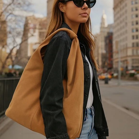 American Leather Co Light Tan (Peanut) Suede Brooklyn Style Soft Slouchy Hobo - Picture 9 of 11